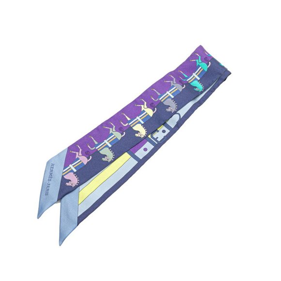 Hermes Hermès Twilly Rocabar Horse Print Scarf/Muffler in Purple, Navy, and M... - Picture 1 of 5